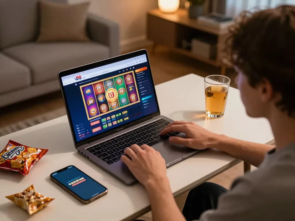Engaging online gaming experience at open88 with colorful slots on laptop.