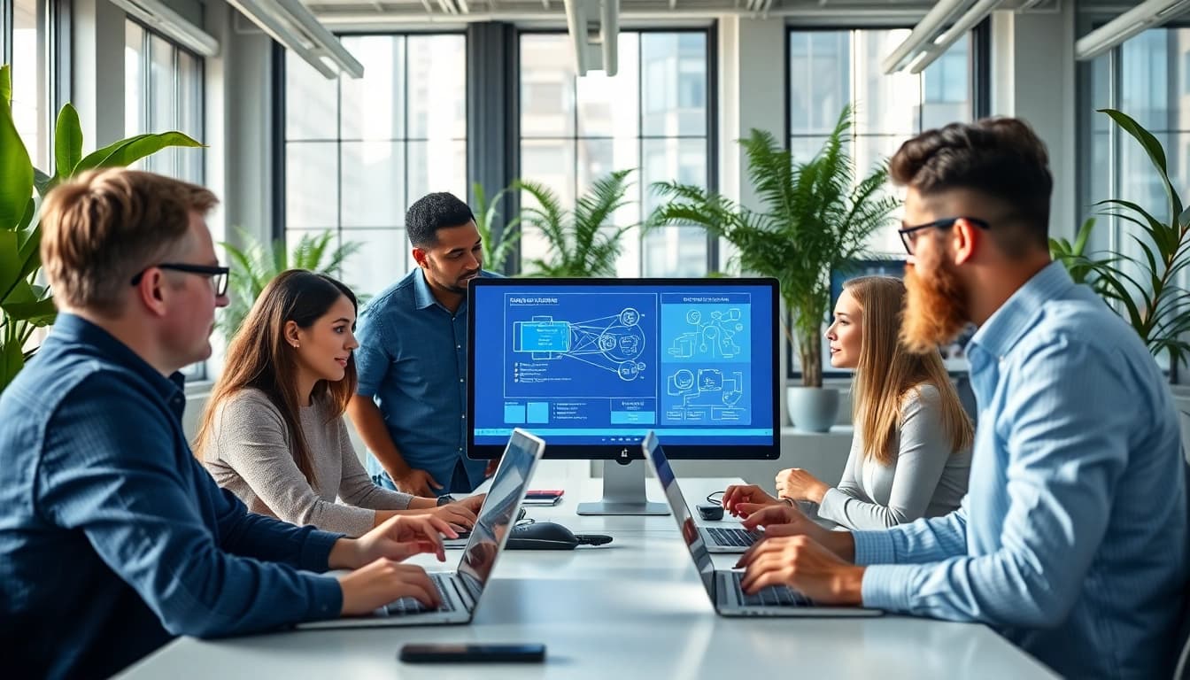 Team collaborating on managed it service solutions in a professional office.