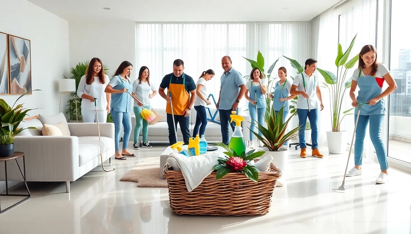 Cleaning service team efficiently organizing a bright living room with a welcoming atmosphere.