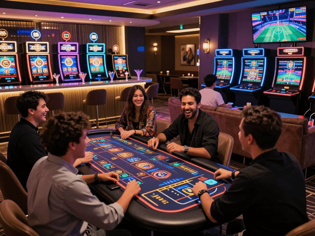 Dynamic scene of players enjoying cryptocurrency games at a lively crypto casino with modern decor.