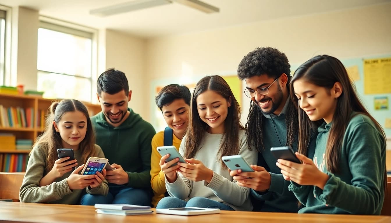 Students using smartphone solution in school life to collaborate on a project in a bright classroom.