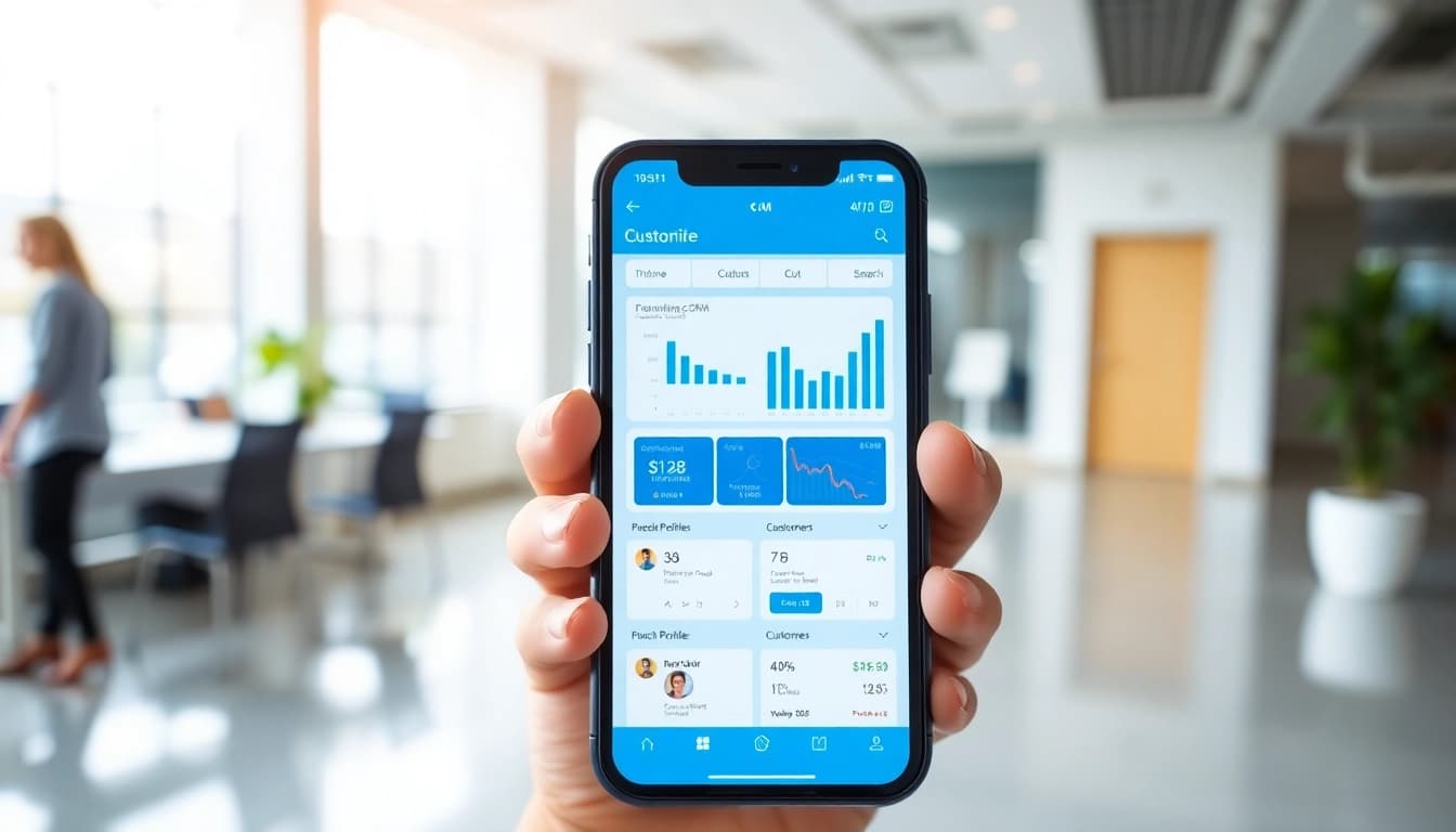 Enhance your business efficiency with mobile CRM showcased on a smartphone in a modern office setting.