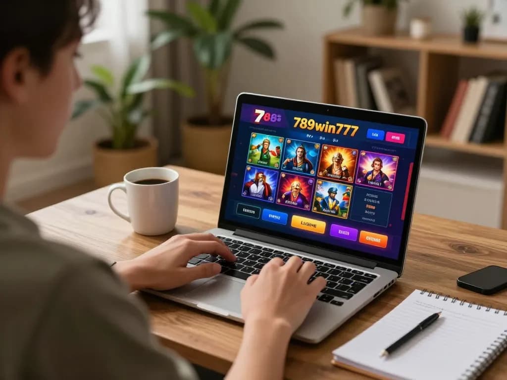 Playing online casino games at home with 789win777 interface on the screen and strategy notes nearby.