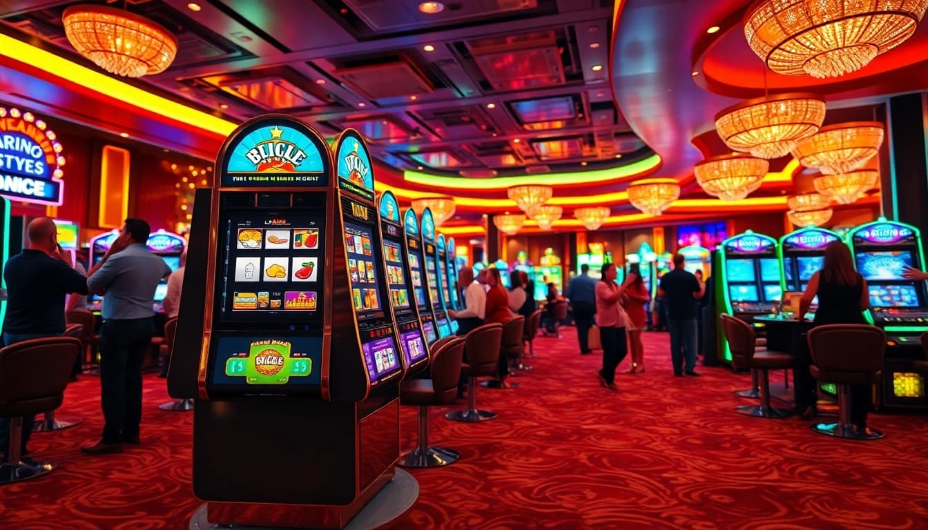 Jelajahi situs slot demo yang menarik dalam suasana kasino yang hidup dan penuh warna.