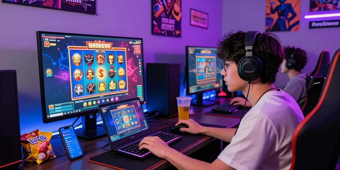 Engaged player exploring slot gacor games on a laptop in an energetic gaming setup.