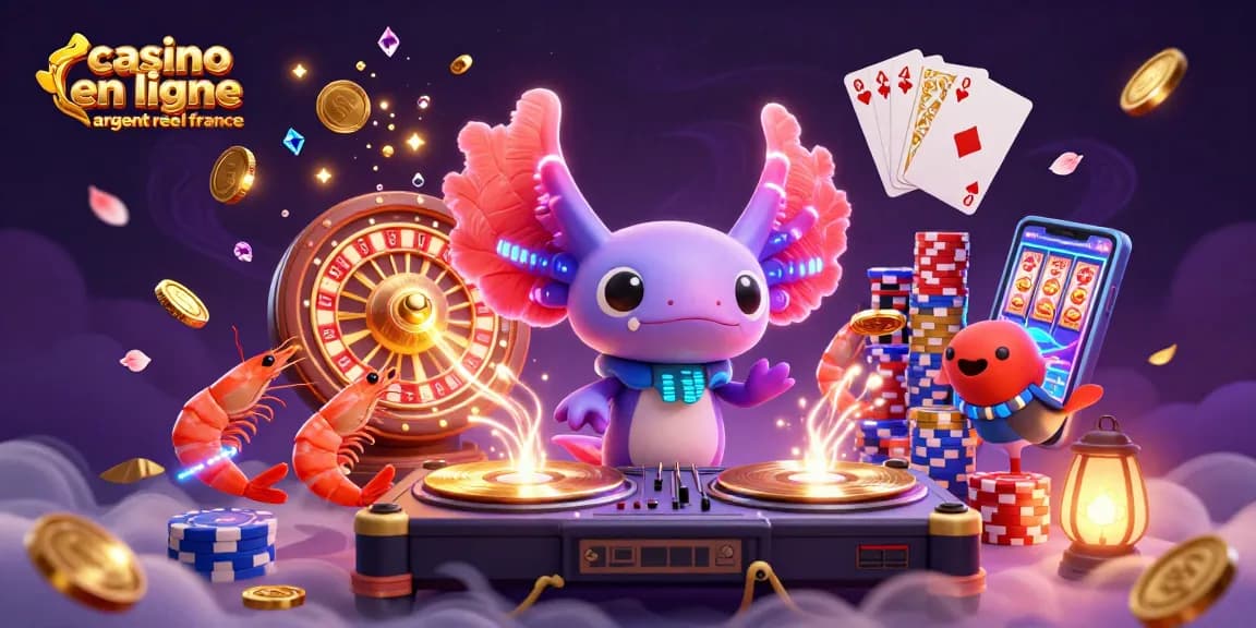 Vivez l'excitation du casino en ligne argent réel France avec un axolotl DJ entouré de pièces d'or et de jackpots scintillants.