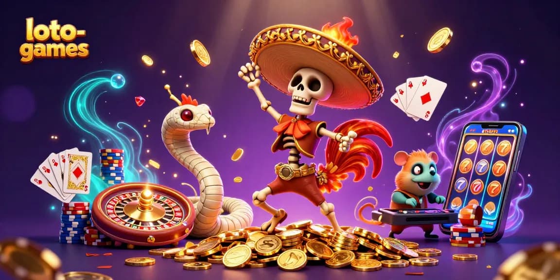 Celebrate wins at loto-games with a vibrant 3D casino party illustration featuring colorful characters and elements.