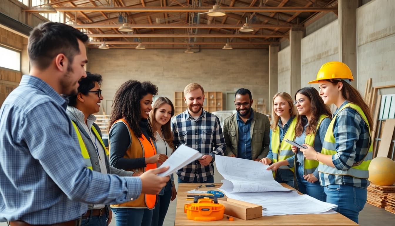 Engaged participants in construction training programs actively collaborating in a workshop environment.