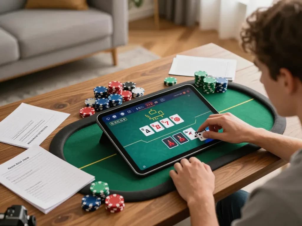 N188 player engaging in online poker game with strategy notes and cozy setting