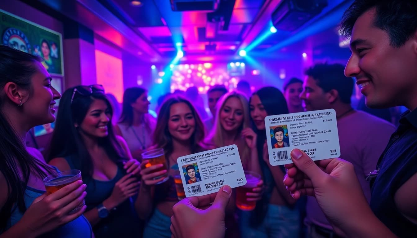 Club21 fake ids showcased in a lively club scene with vibrant lighting and young adults enjoying themselves.