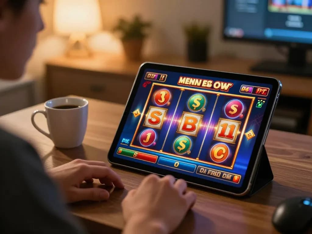 Engaging in slot deposit 2rb game on tablet with colorful reels spinning at home