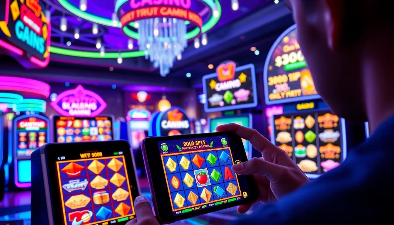 Engage in a lively crypto casino experience while playing digital slots in a neon-lit environment.