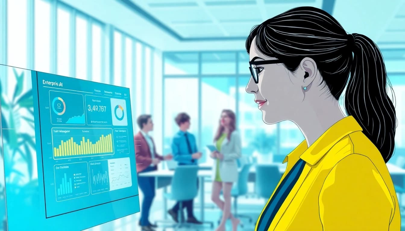 Engaging view of an enterprise ai assistant collaborating with employees in a modern office environment.