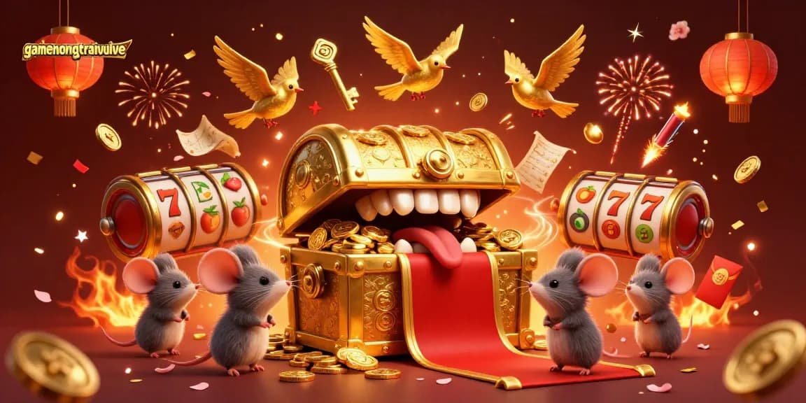Engage in thrilling gameplay at gamenongtraivuive with a vibrant casino scene bursting with dynamic slot reels.