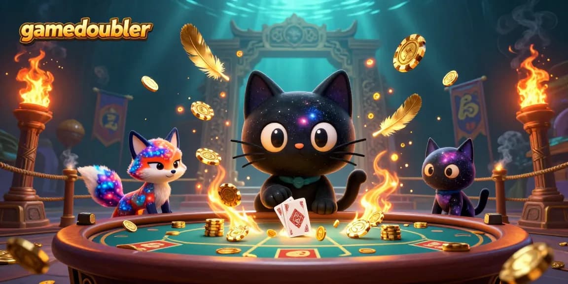 Experience gamedoubler’s dynamic cosmic casino with a black hole cat attracting chips and cards.