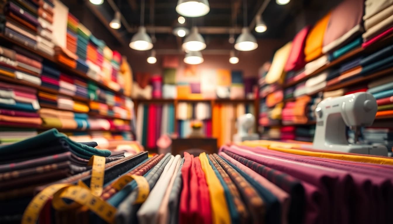 Bekijk stoffen webshop nederland met een kleurrijke selectie van stofstalen in een elegante winkelomgeving.