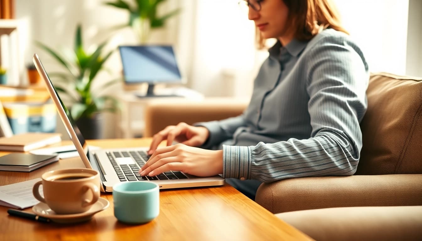 Engaging with https://enqueteplein.nl on a laptop, capturing the work-from-home experience in a cozy setting.