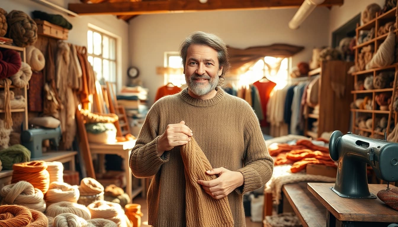 Showcasing high-quality artisanal clothing from https://www.ound-ound.com in a bright, workshop setting.