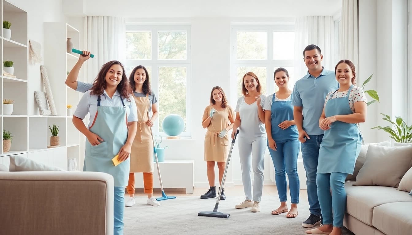 Trustworthy cleaning service professionals actively cleaning a bright and modern home.