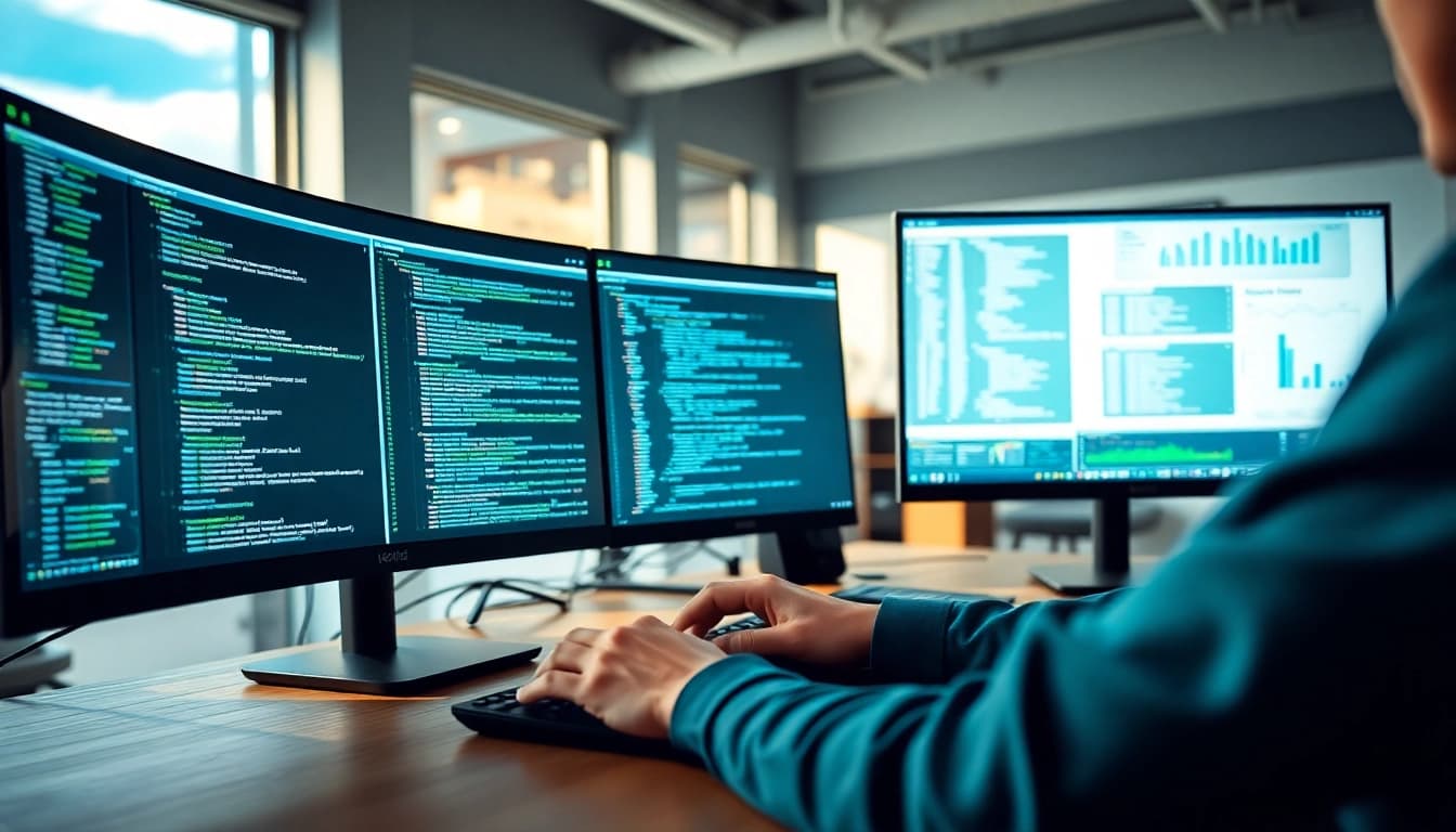 DoesQA showcasing a professional test automation setup with dual monitors and active coding.