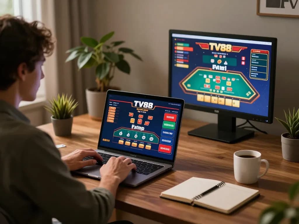 tv88 player enjoying live poker in stylish home office during gaming session