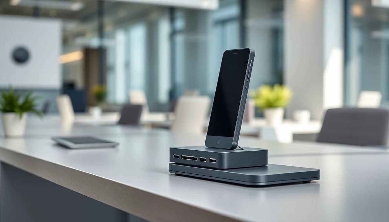 Showcase the AI Recorder Dock capturing voice notes in an office setting.