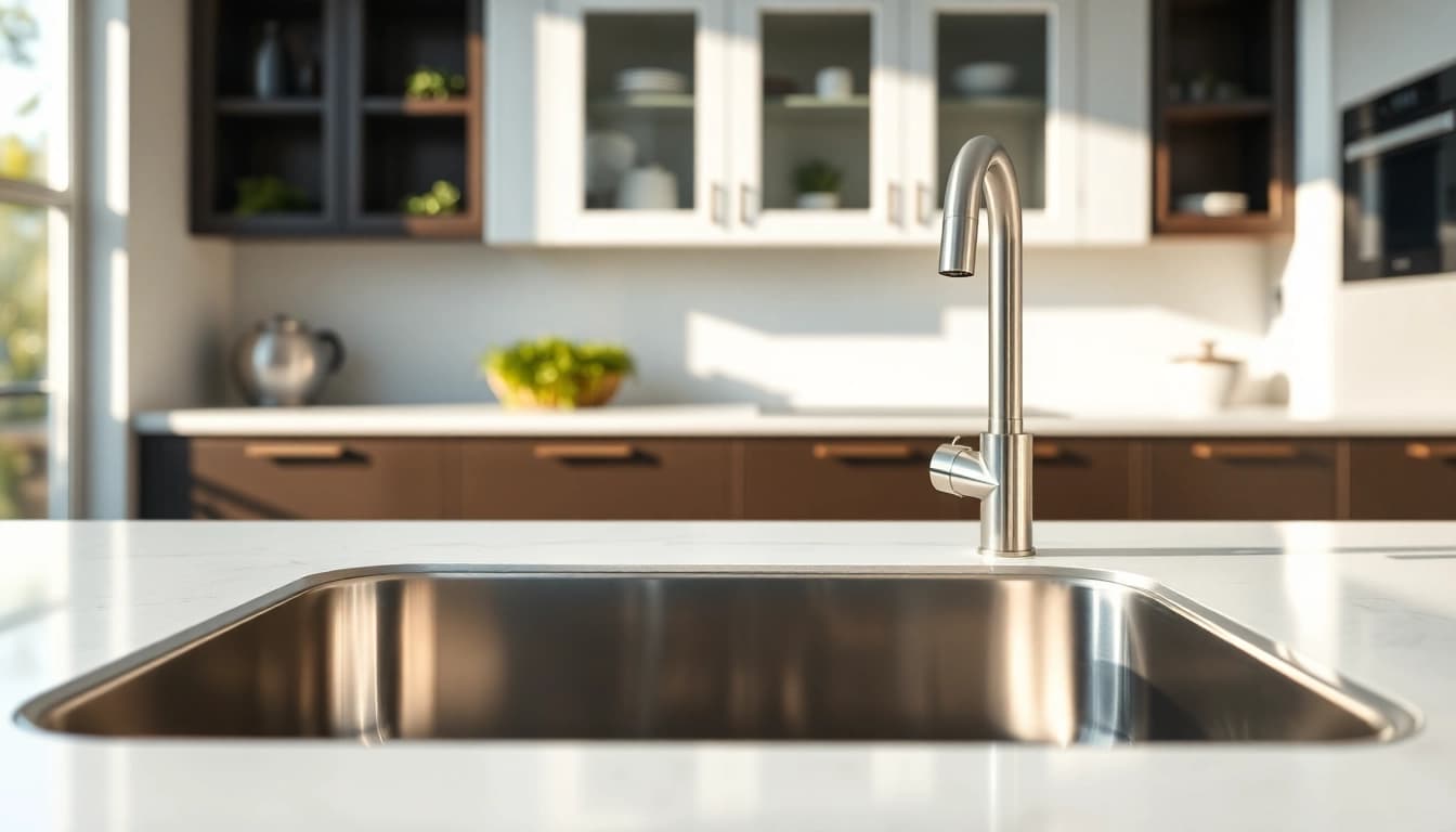 Stylish steel sink featured prominently in a modern kitchen.