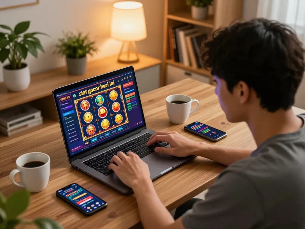 Engaging online gaming setup featuring slot gacor hari ini interface on a laptop, capturing cozy home atmosphere.