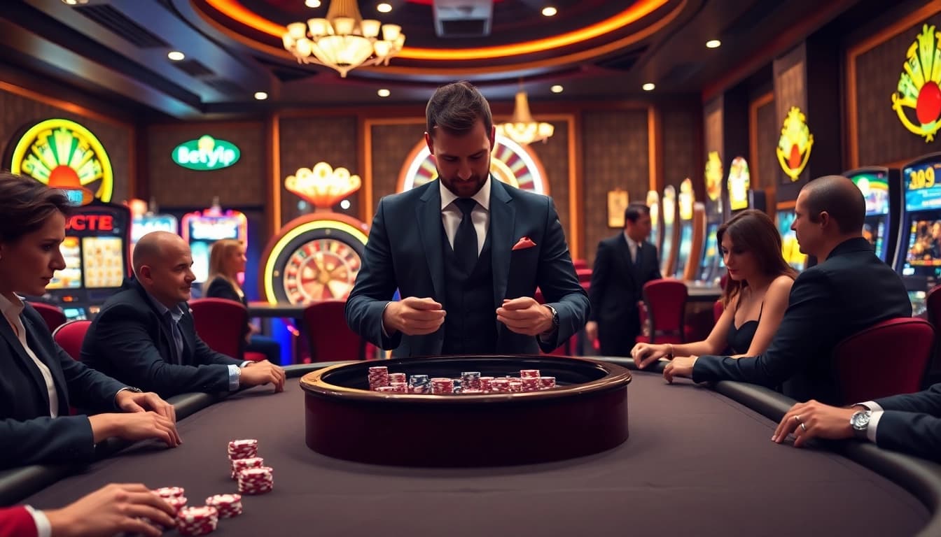 Người chơi Betvip tham gia một vòng poker cược cao tại một casino sang trọng.