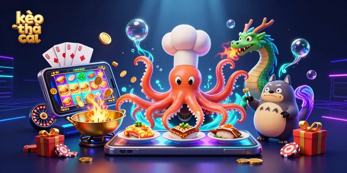 Engage in vibrant kèo nhà cái action with an octopus chef and dragon in colorful slot game scene.