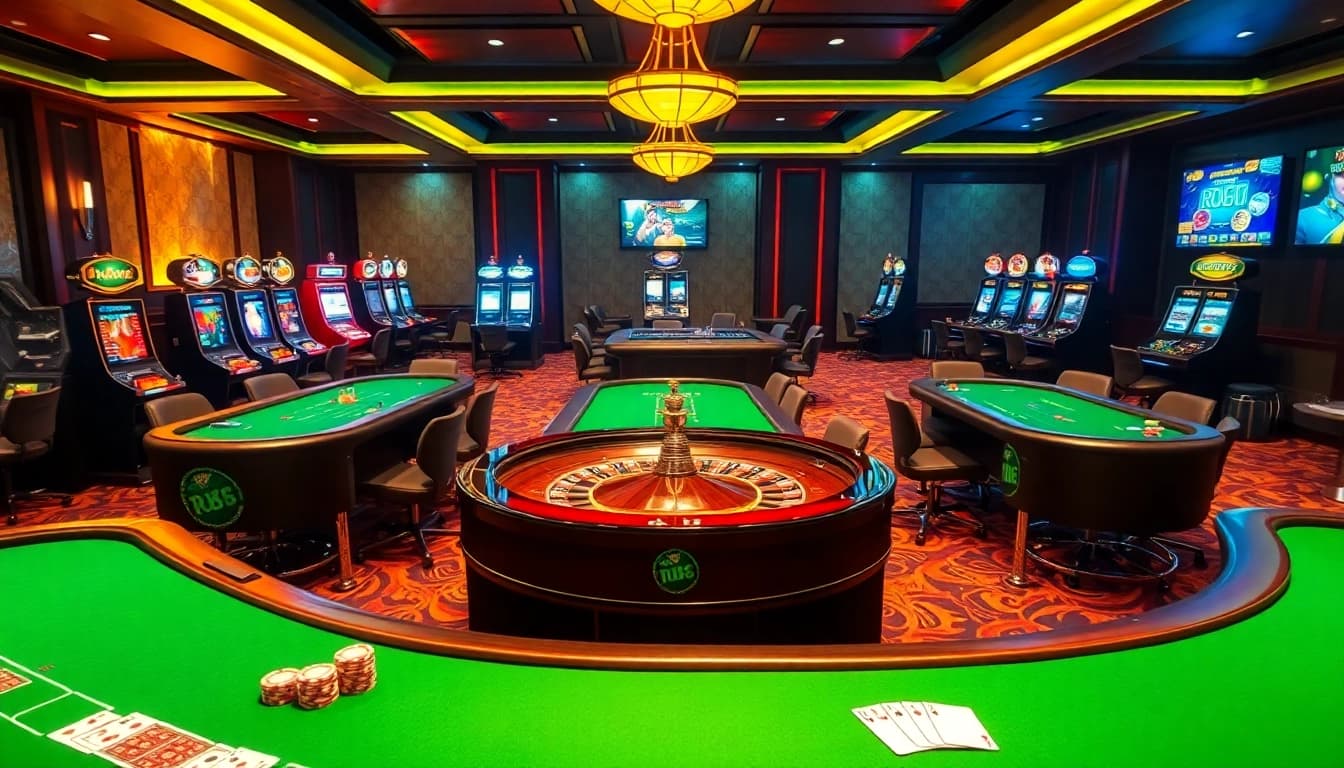RR88 players engaging at luxurious casino tables with colorful chips and excitement.