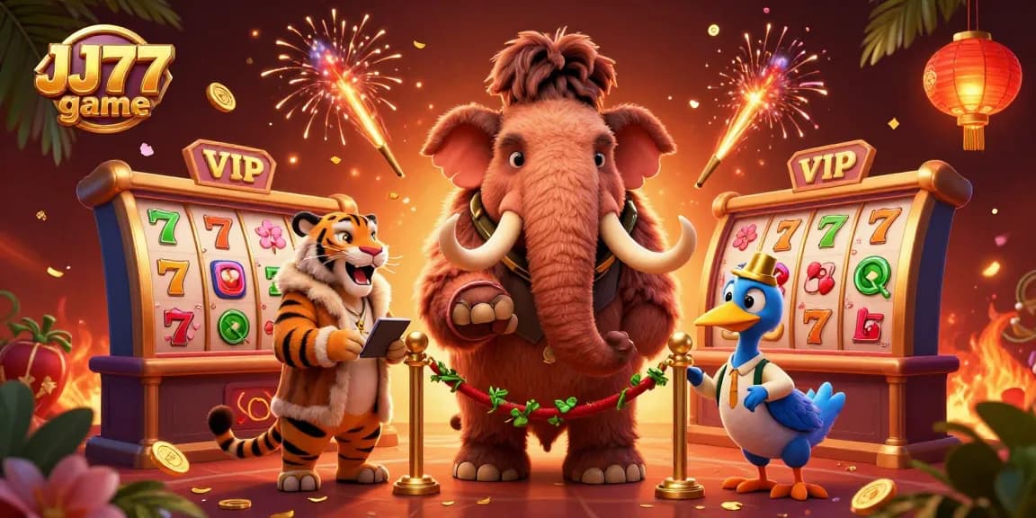 The JJ77 game comes alive with a vibrant 3D scene featuring unique characters and dynamic slot elements.