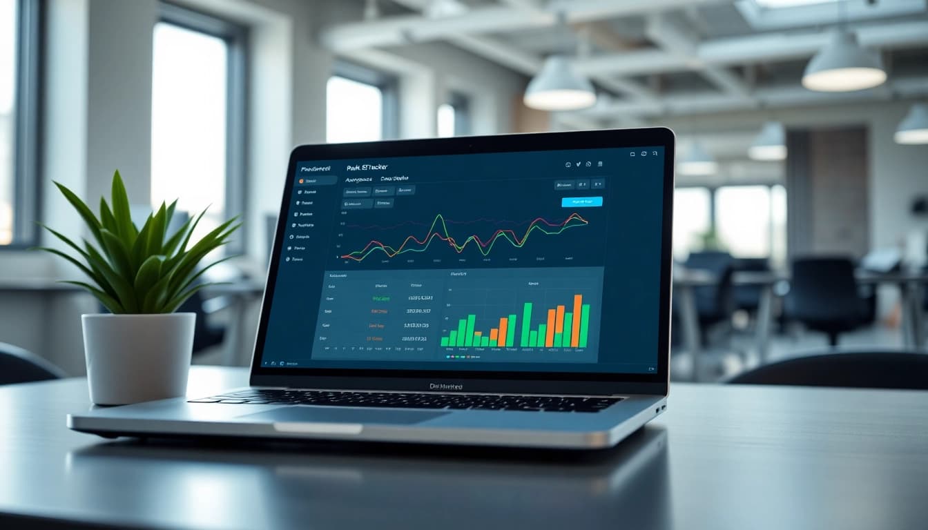 Analyze SEO Rank Tracker performance with a detailed dashboard on a modern laptop.
