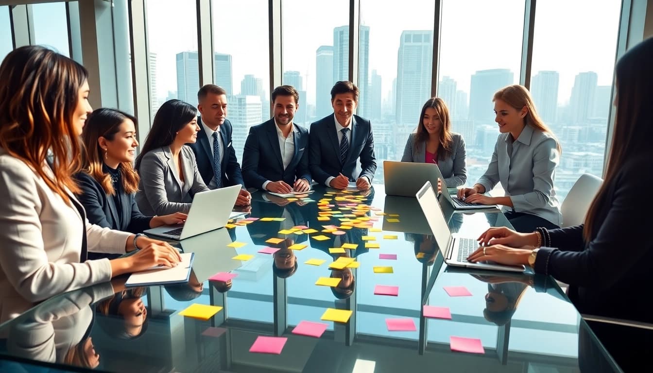 Business team brainstorming in a modern office, inspiring collaboration and innovation.
