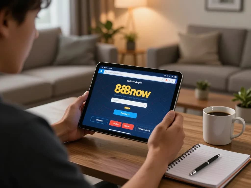 Engaging with 888now đăng nhập via tablet in a cozy home setting, showcasing online gambling strategy.