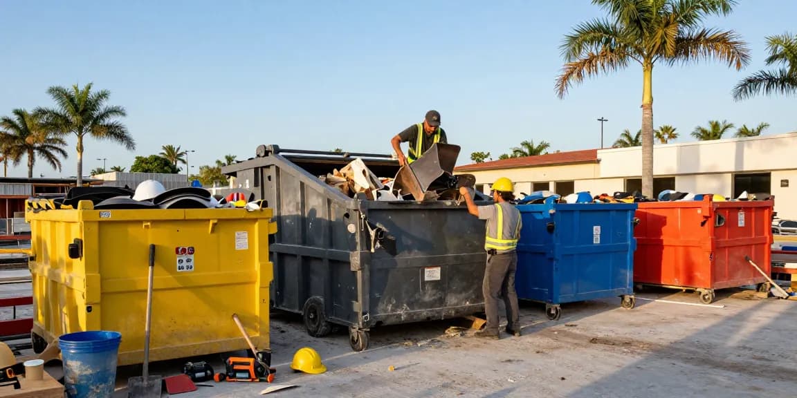 Dumpster rental in Naples FL with contractors managing debris removal at urban construction site.