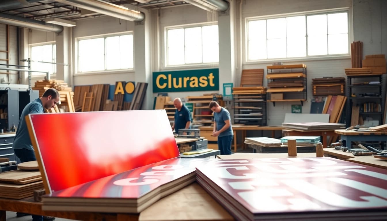 Quality crafted signs from a top sign company Edmonton in a bustling workshop setting.