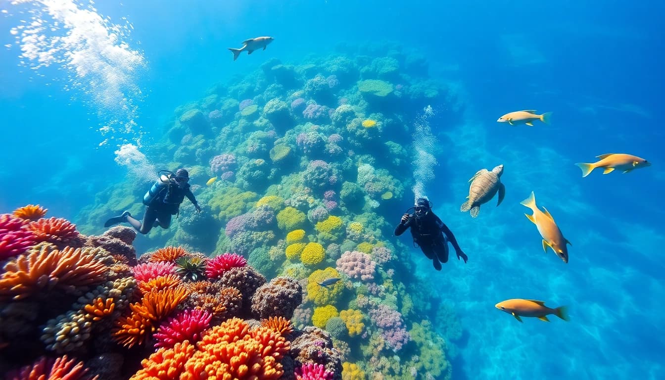 Experience marine beauty with https://marvinscubaexpeditions.com as divers engage with vibrant coral reefs.