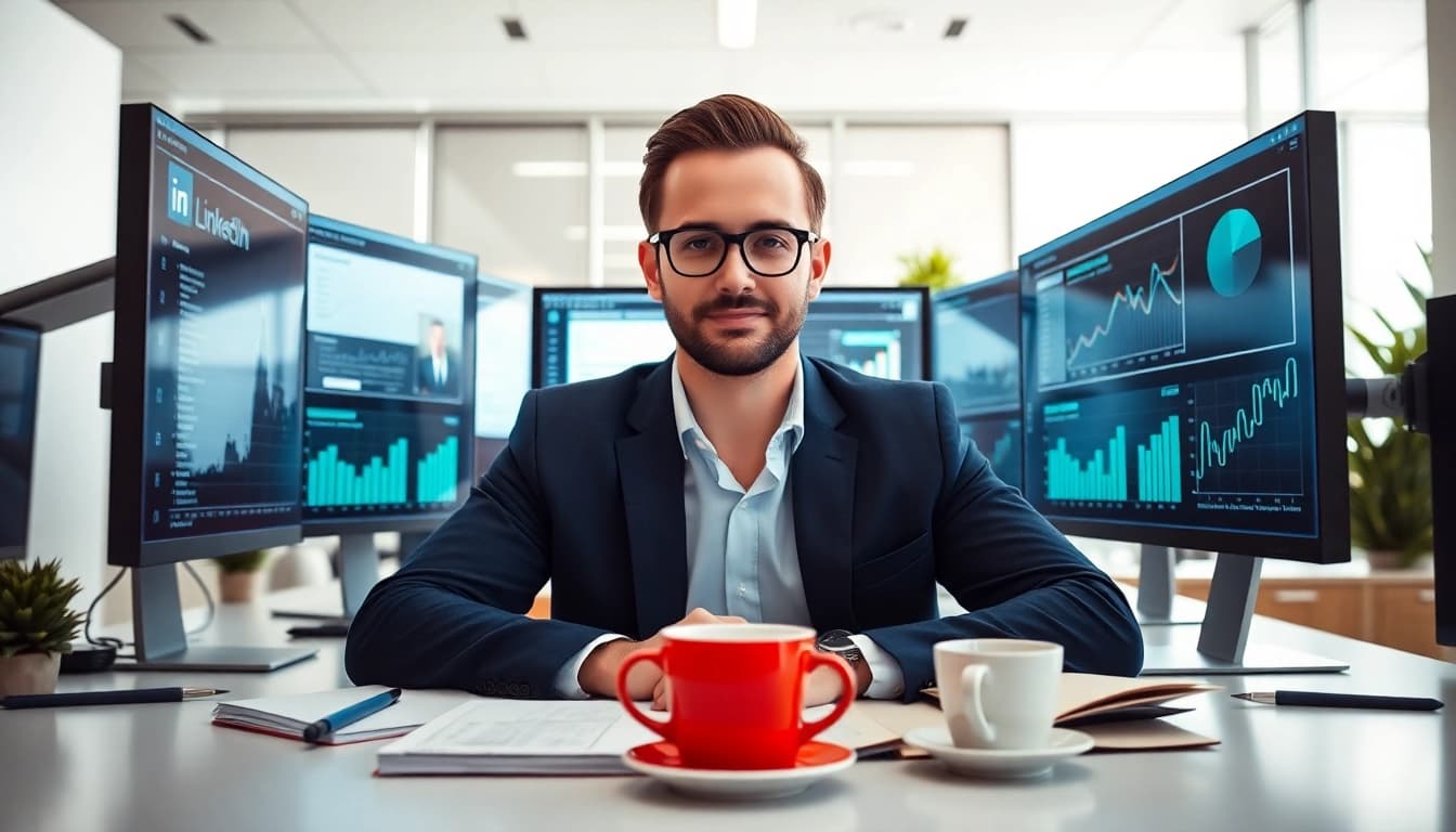 Use techniques to scrape linkedin search results using automated tools in a vibrant office setting.