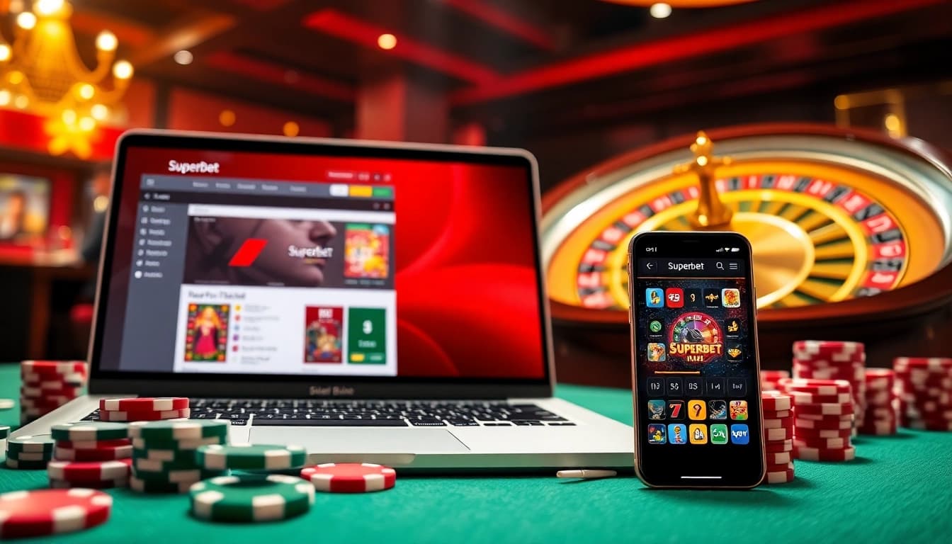 Engage in Superbet Login with an exciting casino atmosphere featuring poker chips and roulette wheels.
