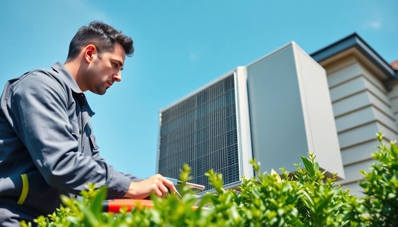 Technician servicing HVAC system at https://nobleheatingairservices.com with tools and residential background.