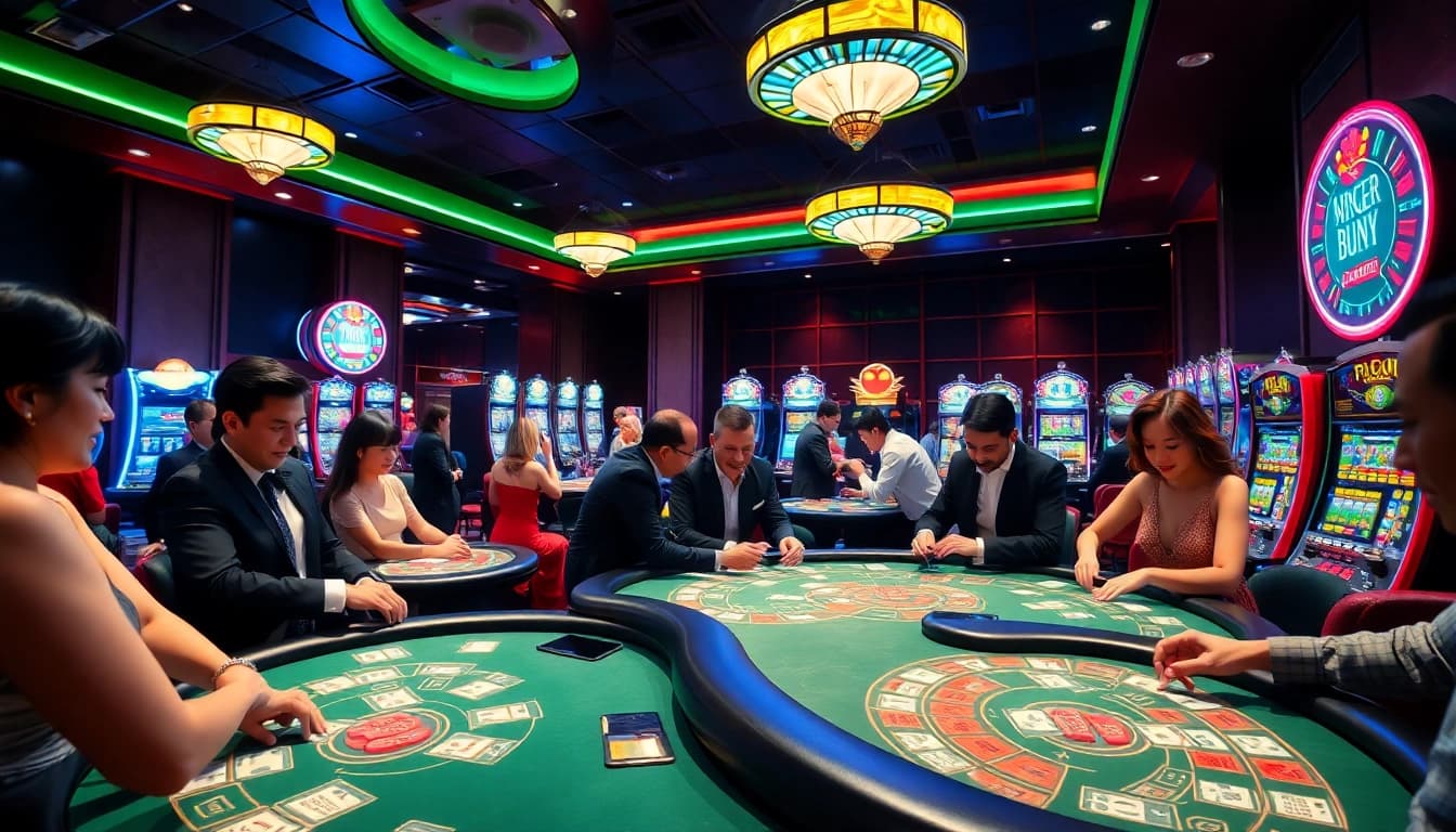 Players engaging in high-stakes games at a vibrant 8win malaysia casino scene.