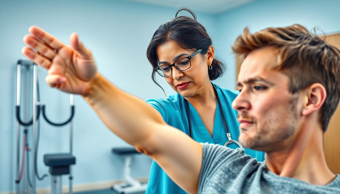 Physiotherapy Edmonton session with a therapist guiding a patient in rehabilitation exercises.