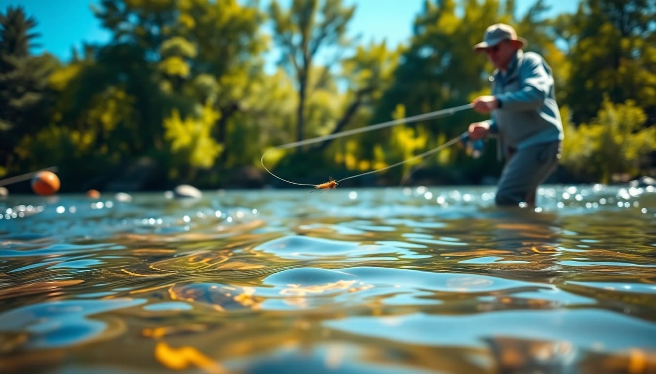 Beginner fly fishing for beginners enthusiast casting in a clear river with lush scenery.