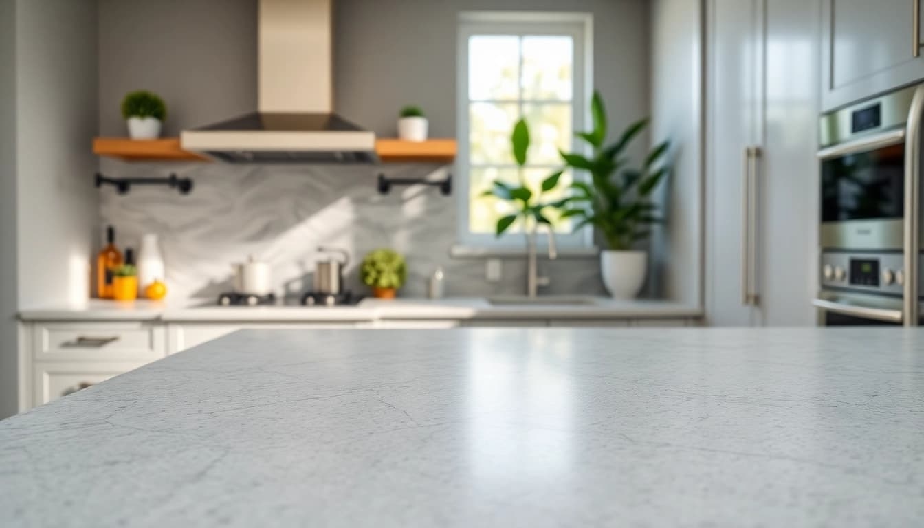 Stylish Caesar stone countertop enhances a modern kitchen setting with greenery.
