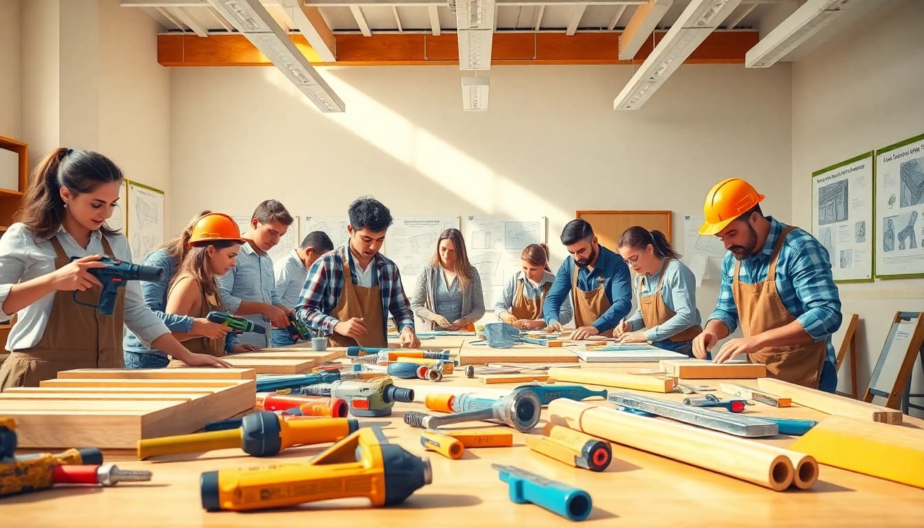 Students engaged in construction craft training, hands-on learning with tools in a workshop.