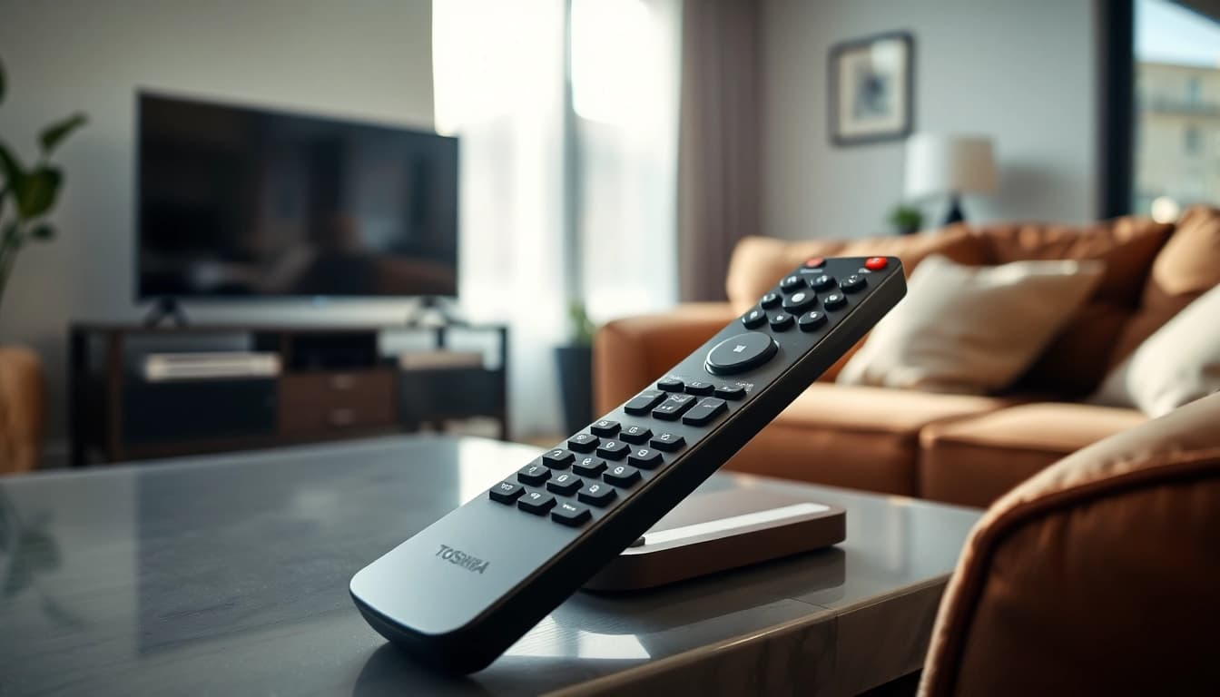 Toshiba Fernbedienung auf einem modernen Couchtisch mit elegantem TV-Hintergrund.