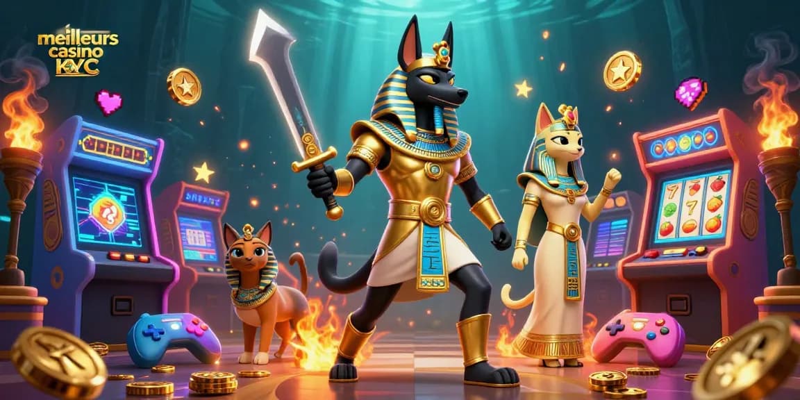 Jeu excitant sur les meilleurs casinos sans KYC avec un Anubis 3D et des machines à sous colorées.