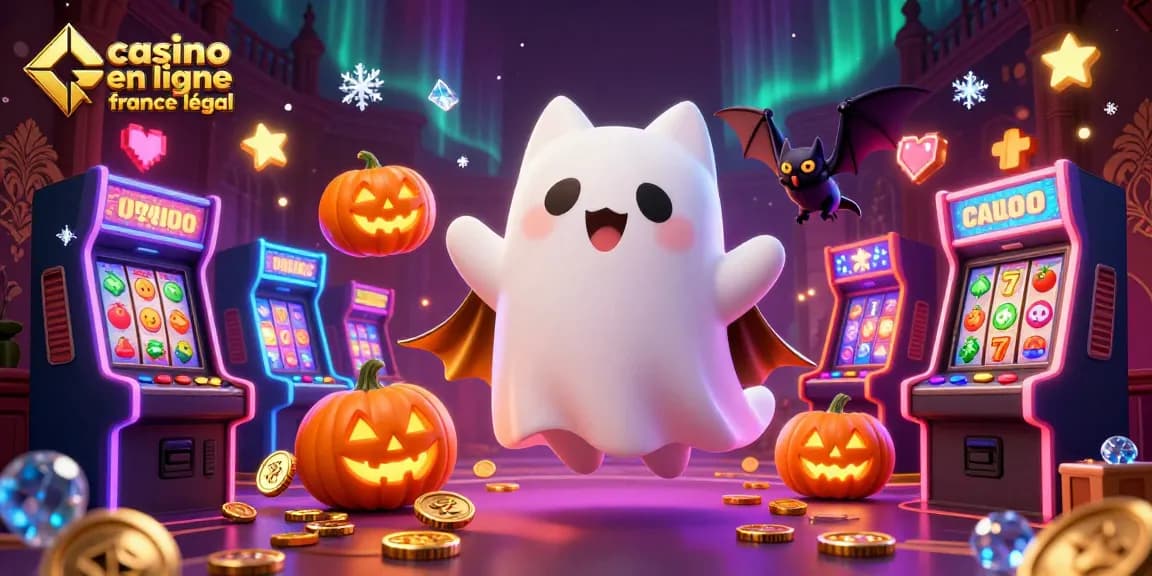 Illustration dynamique d'un casino en ligne légal en France avec un chat fantôme jouant parmi des machines à sous.