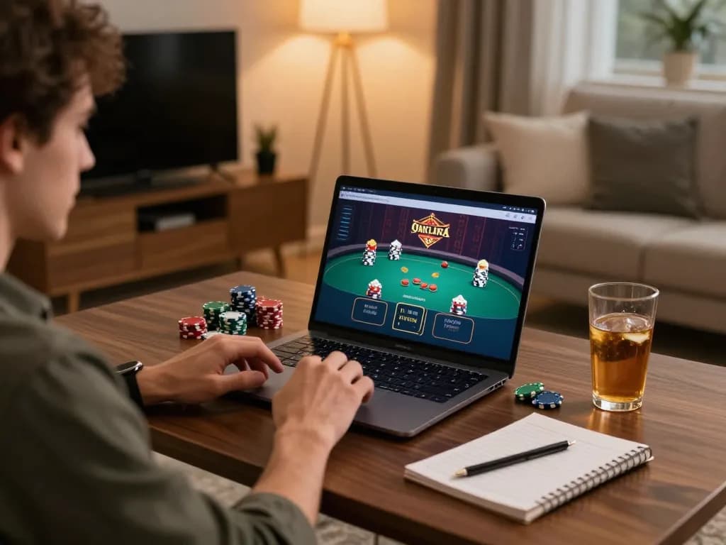 Engaging in gajah toto strategy analysis on laptop with poker interface visible in cozy gaming setup